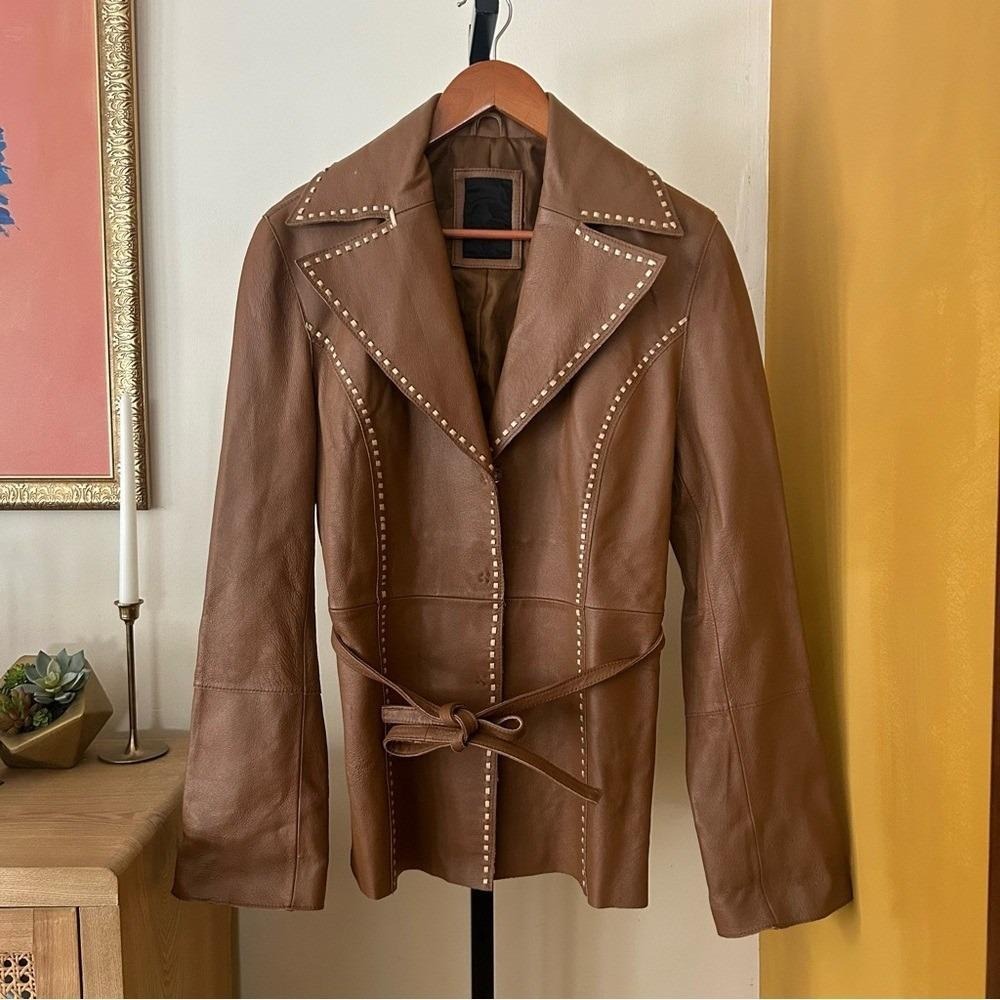 Vintage G Collection Genuine Leather Moto Jacket Contrast Stitch‎ Belt Camel Tan